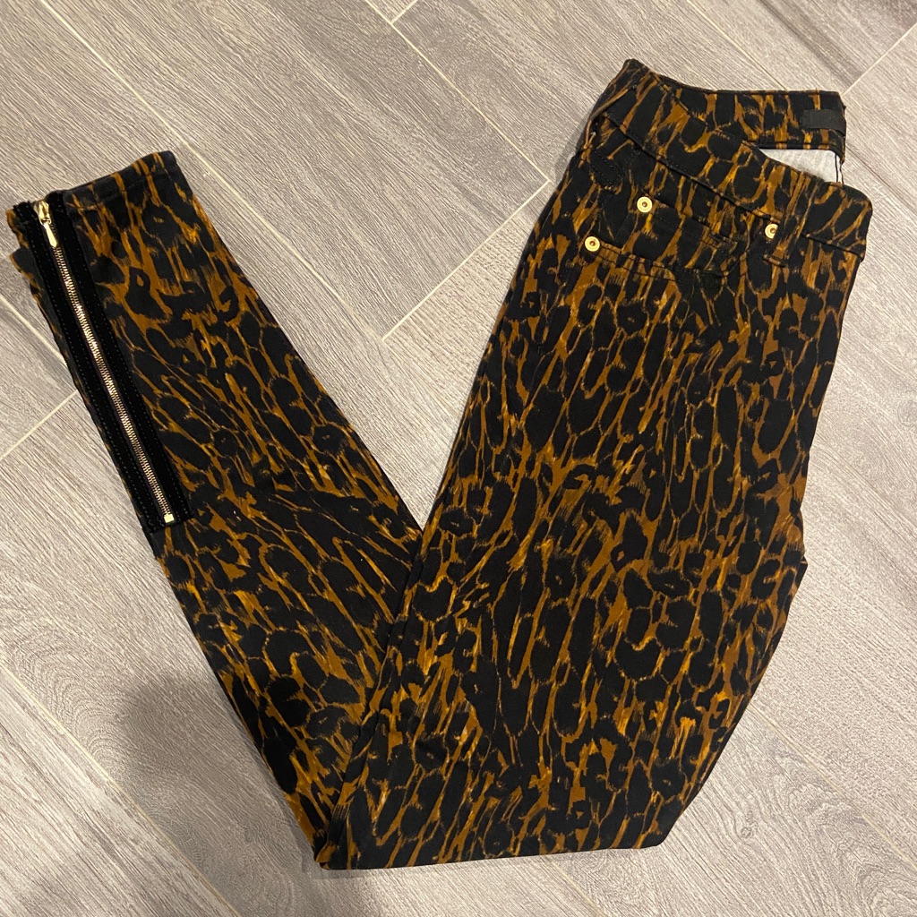 7 For All Mankind Leopard Print Ankle Zip Skinny Jeans, Black & Brown. Size 26.